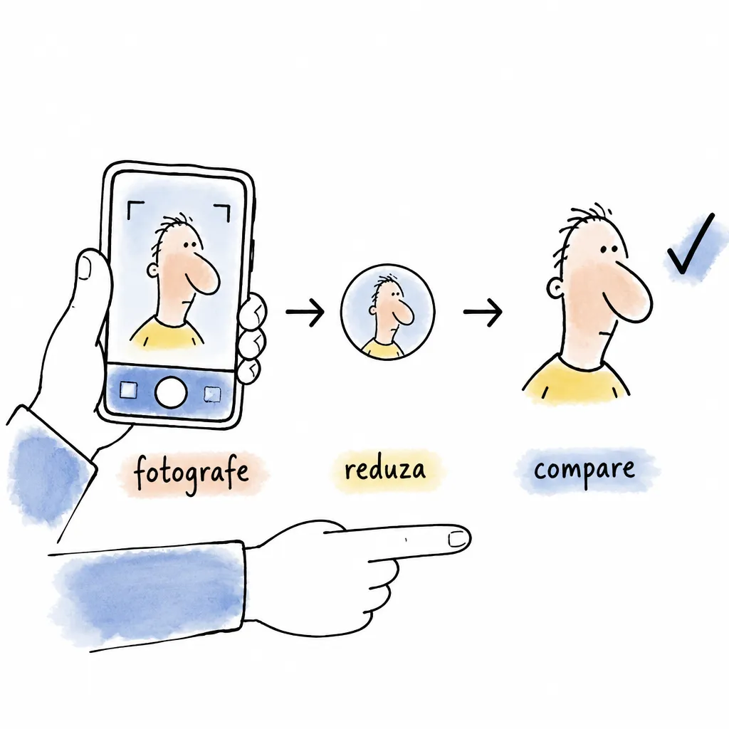 Diagrama mostra fotografar, reduzir a imagem e comparar a legibilidade do rosto em miniatura.