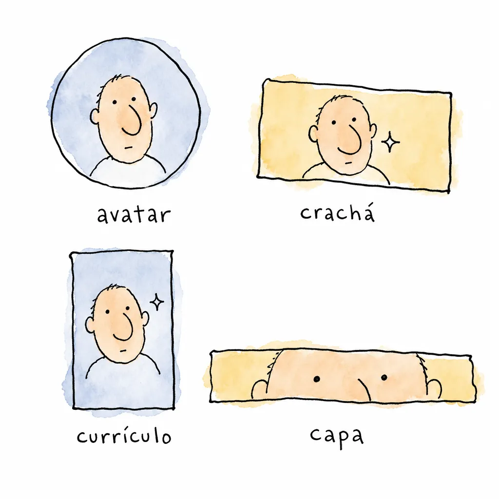 O mesmo rosto em quatro formatos: avatar redondo sem brilho, crachá e currículo com faísca ao lado da orelha e capa cortando as orelhas fora.