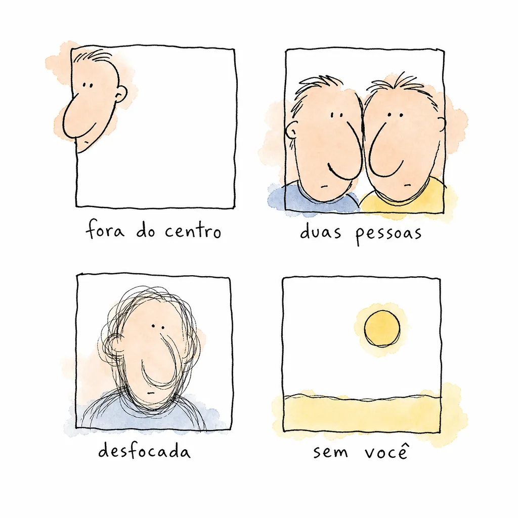 Quatro quadrinhos com casos que a captura guiada sinaliza: rosto fora do centro, duas pessoas, foto desfocada e paisagem sem você.