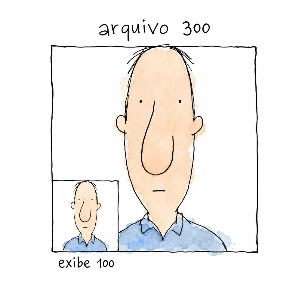 O mesmo retrato em dois quadrados encaixados: o grande rotulado "arquivo 300" e, no canto, um com um terço da largura rotulado "exibe 100"