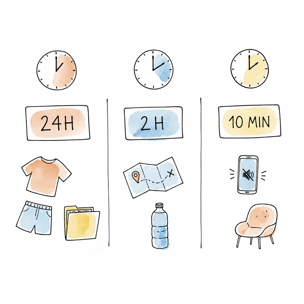 Checklist ilustrado de entrevista presencial com etapas de 24 horas, 2 horas e 10 minutos