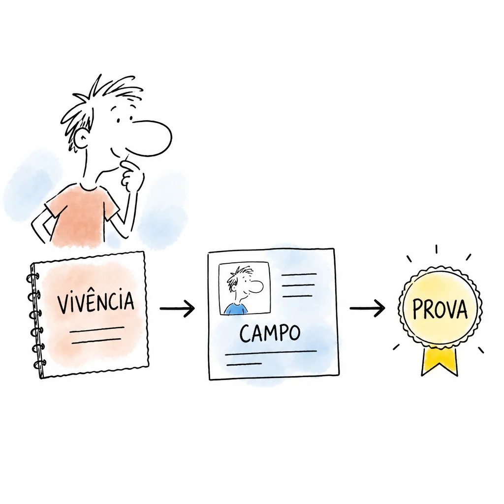 Fluxo visual que transforma vivência em campo do perfil e prova