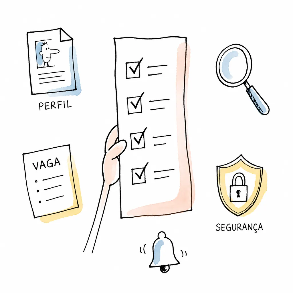 Checklist visual de perfil, vaga e segurança para candidatura
