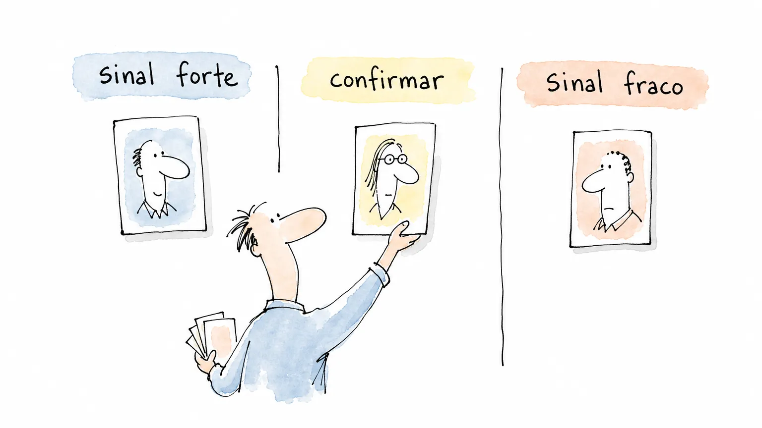 Matriz visual para separar sinal forte, ponto a confirmar e sinal fraco em avaliações