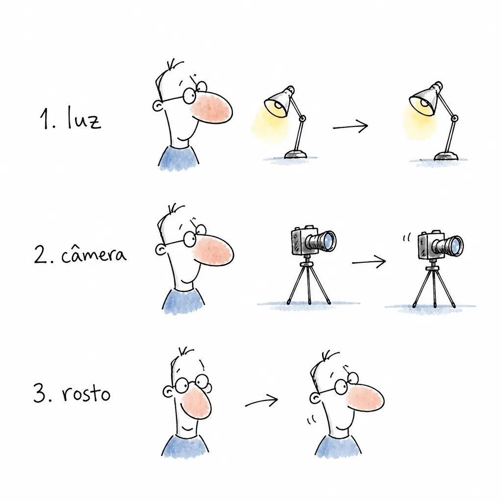 Diagrama de três passos: mover luz, câmera e rosto para reduzir reflexo nos óculos