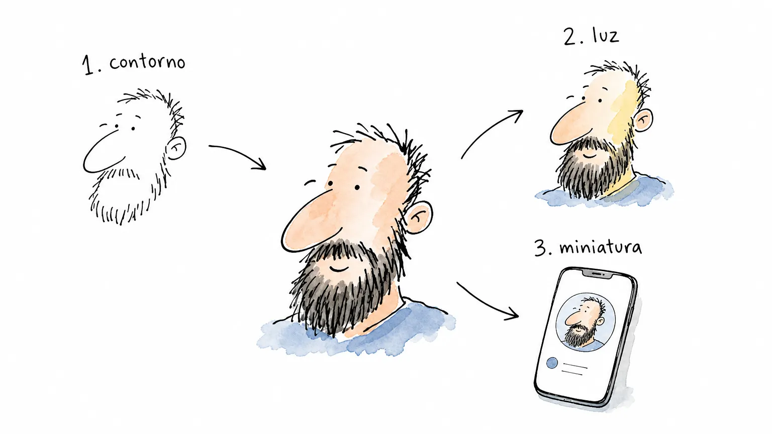 Diagrama de contorno, luz e miniatura para testar barba em uma foto profissional.