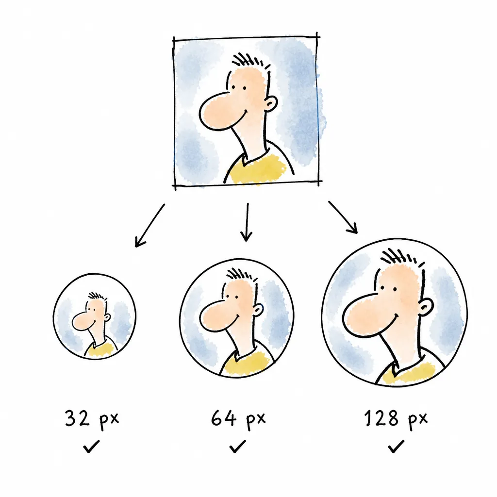Infográfico mostra o mesmo retrato dentro de avatares de 32, 64 e 128 pixels