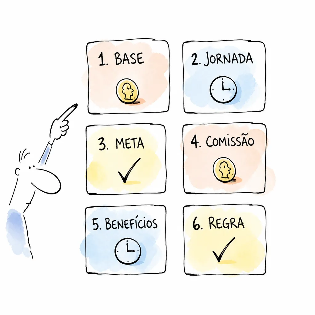 Checklist visual de salário-base, jornada, meta, comissão, benefícios e regras de proposta