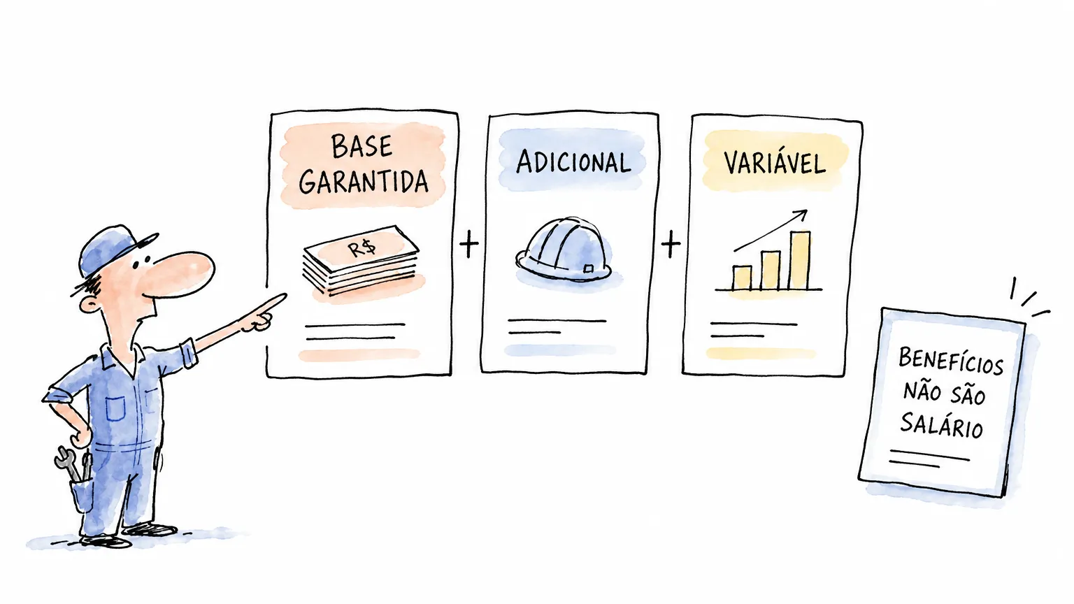 Diagrama separa salário-base, adicional, variável e benefícios em uma proposta