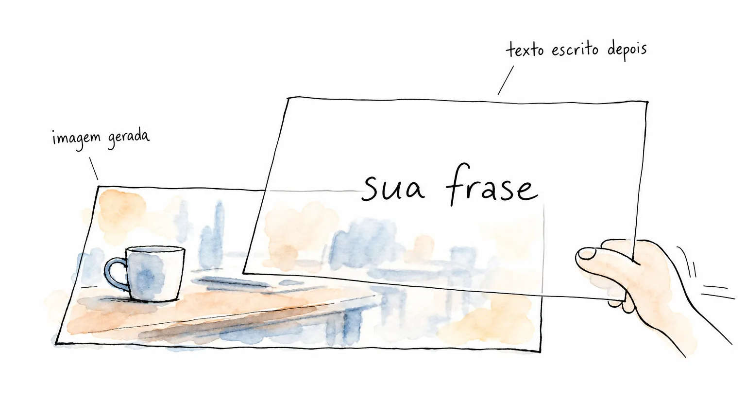 Película transparente com a frase escrita deslizando sobre uma imagem gerada sem nenhuma palavra dentro, separando imagem e texto em duas camadas