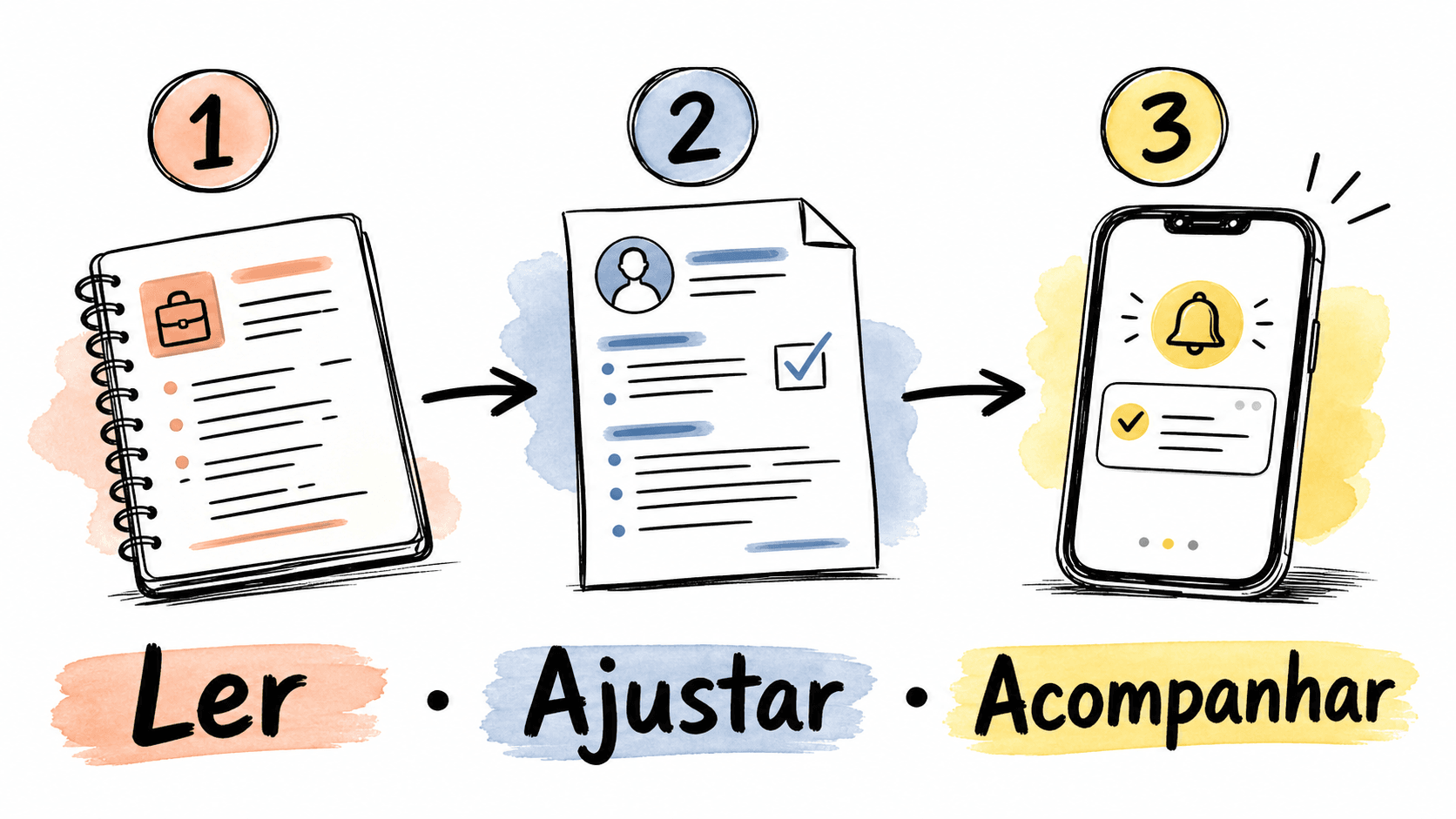 Fluxo visual para ler a vaga, ajustar o currículo e acompanhar a candidatura