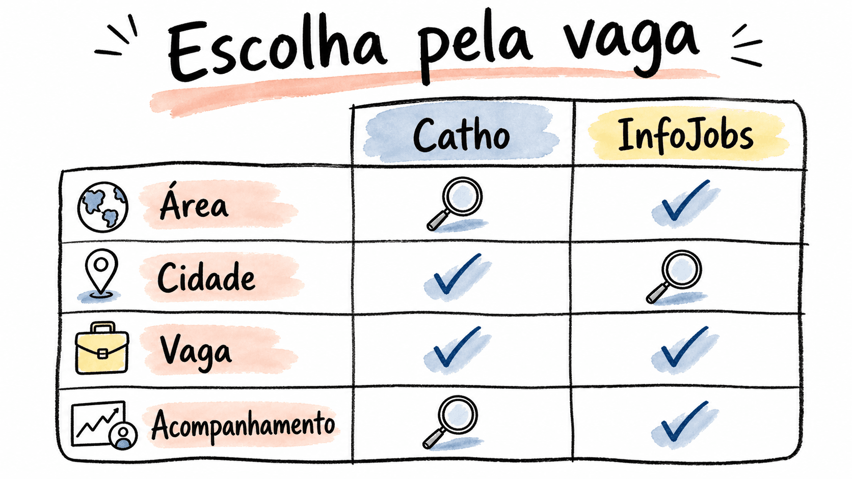 Matriz para escolher uma vaga entre Catho e InfoJobs por área, cidade e acompanhamento