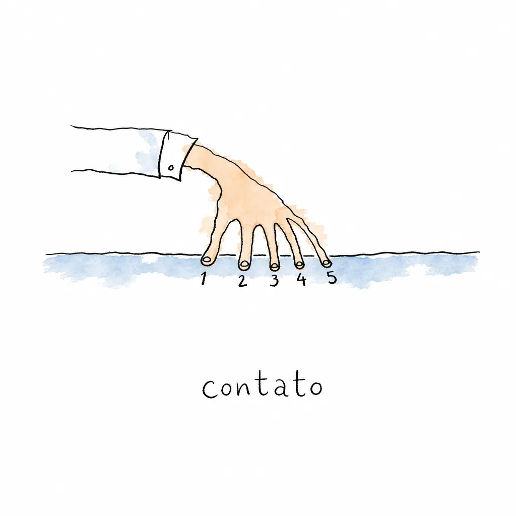 Mão apoiada na borda da mesa com os cinco dedos separados e numerados de 1 a 5, sob o rótulo contato.