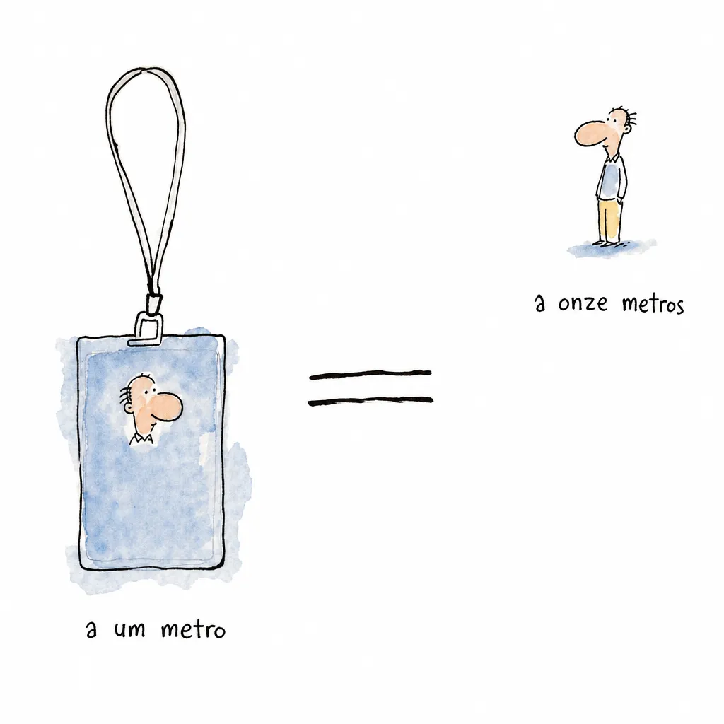 Crachá com rosto pequeno visto a um metro equivale, para o olho, a enxergar a mesma pessoa inteira a onze metros de distância