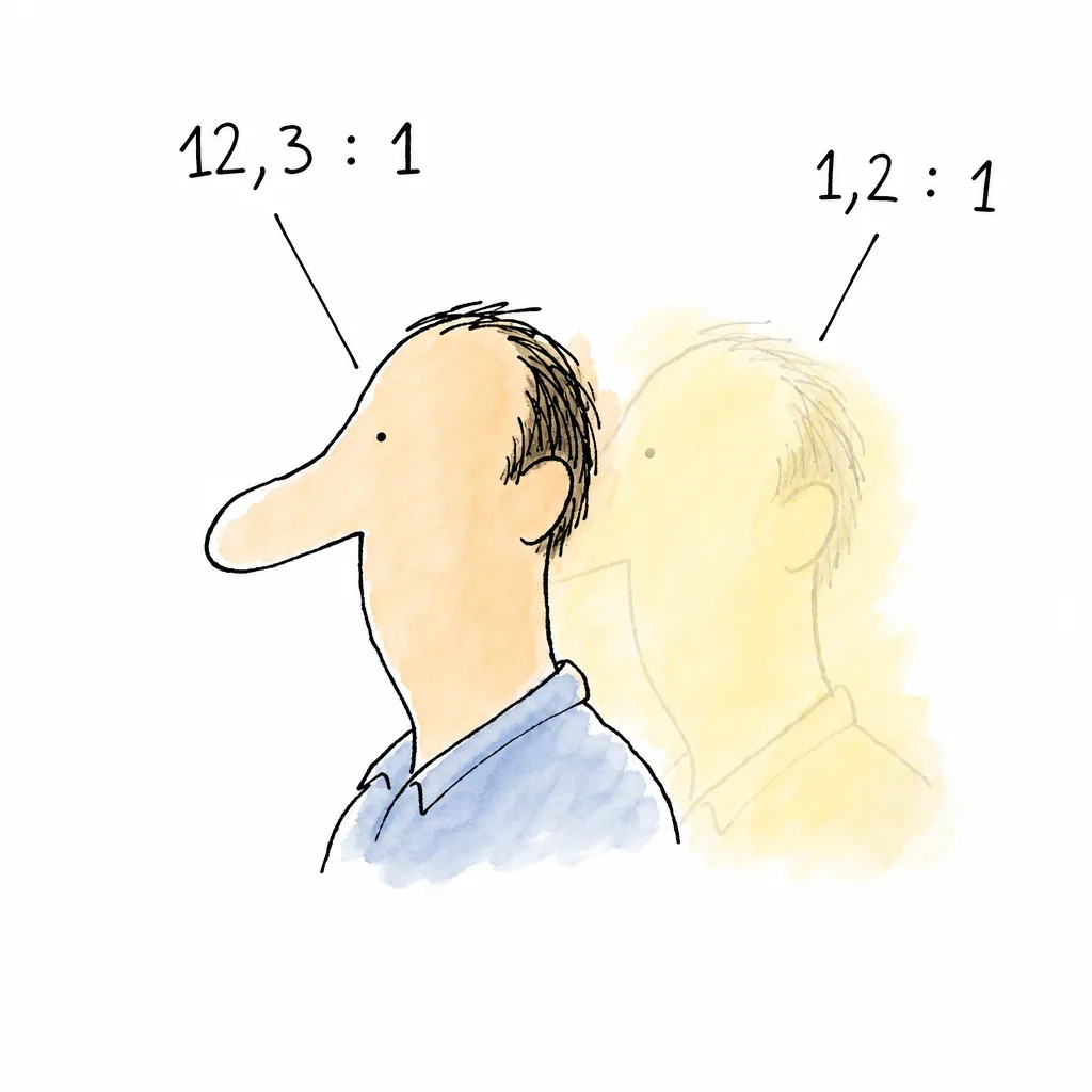 Duas cabeças sobrepostas: a da frente com silhueta nítida marcada 12,3 : 1 e a de trás quase sumindo num fundo do mesmo tom, marcada 1,2 : 1.