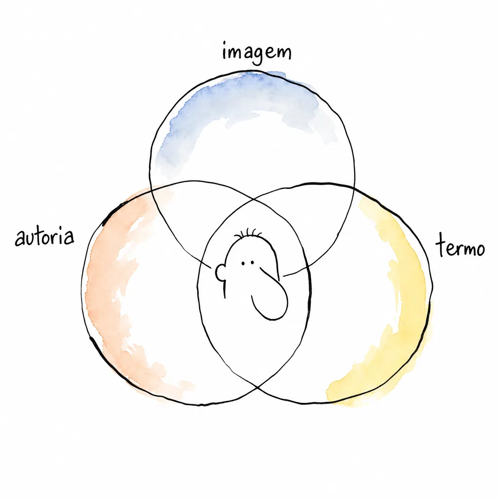 Três círculos de aquarela sobrepostos, rotulados autoria, imagem e termo, com o mesmo rosto desenhado na área em que os três se cruzam.