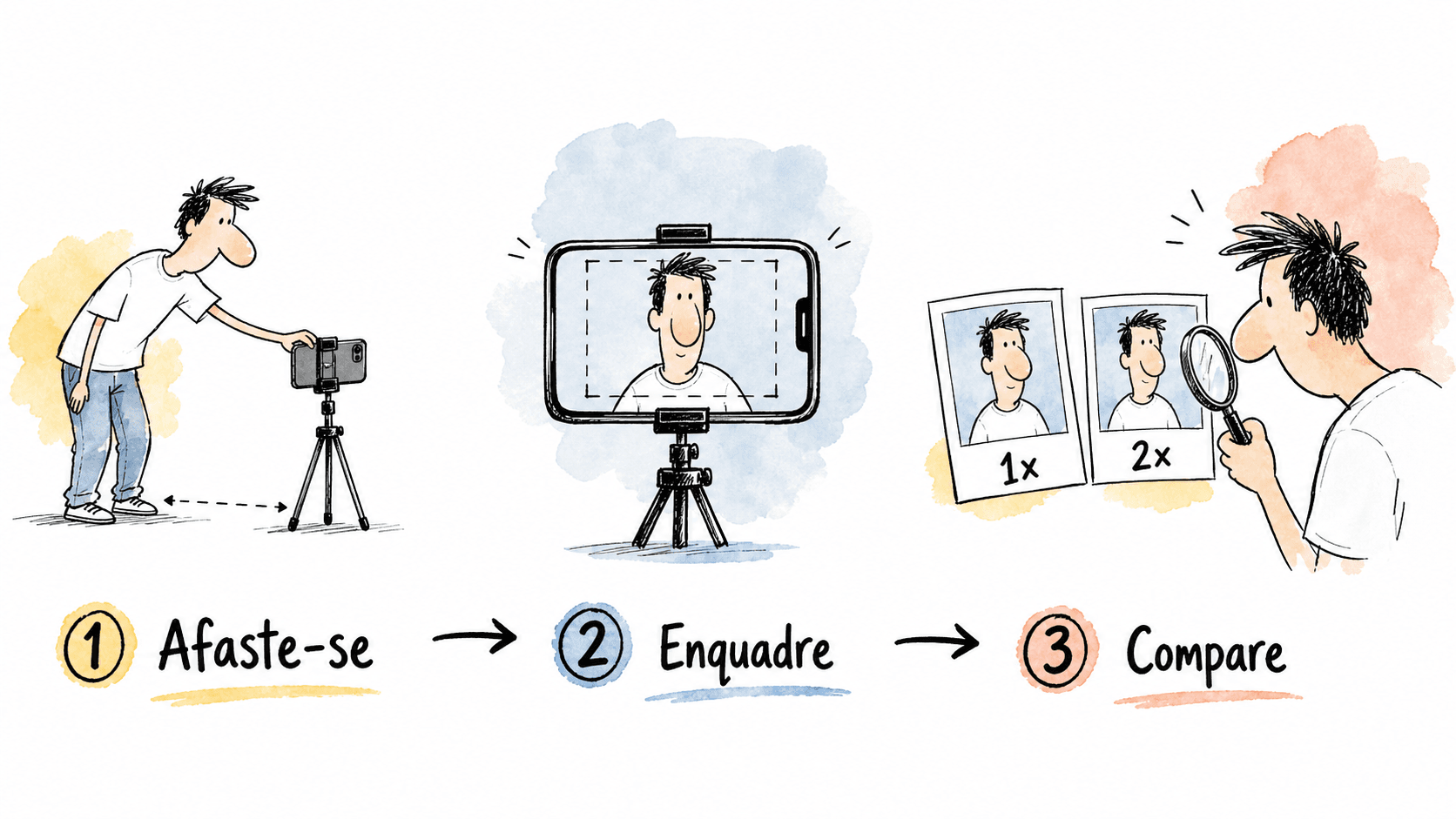 Infográfico mostra o teste de retrato: afastar a câmera, enquadrar e comparar 1x com 2x.