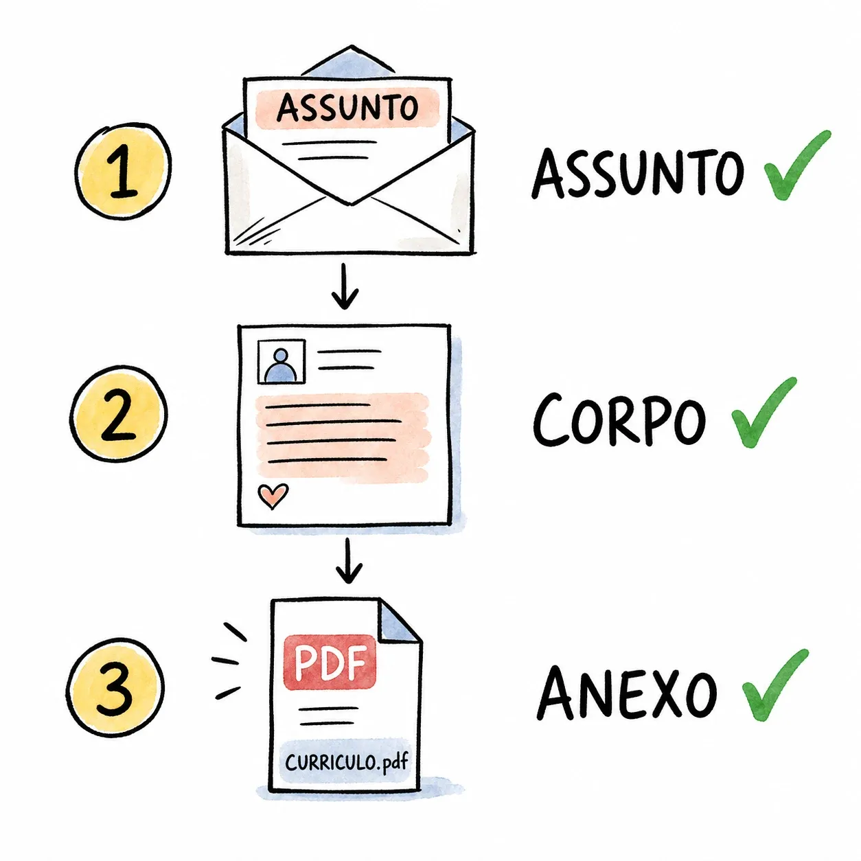 Fluxo visual com assunto, corpo e anexo para enviar currículo