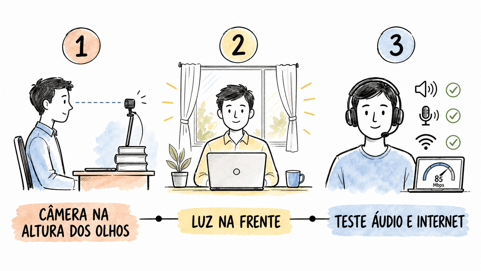 Diagrama de câmera na altura dos olhos, luz frontal e teste de áudio e internet