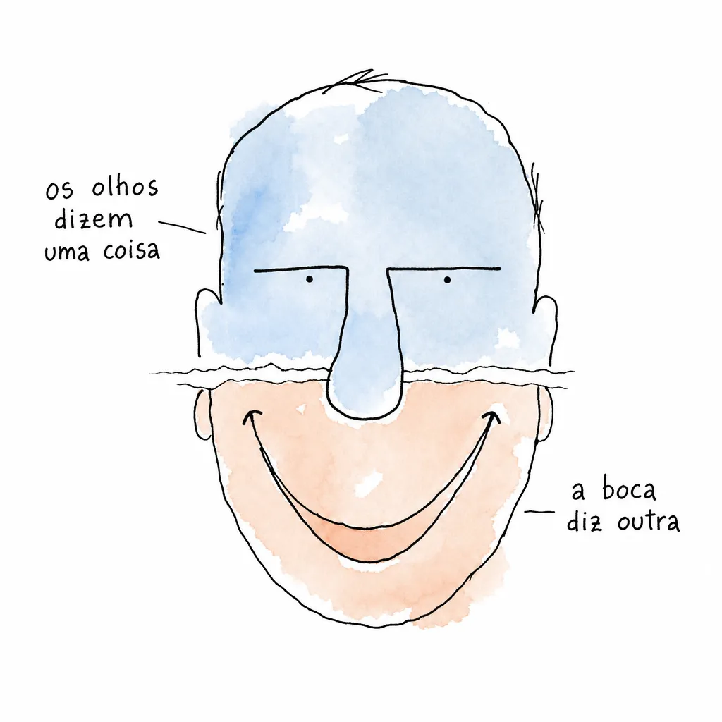 Rosto de desenho rasgado na horizontal: metade de cima com olhos parados e metade de baixo com sorriso largo, rotuladas como duas mensagens diferentes