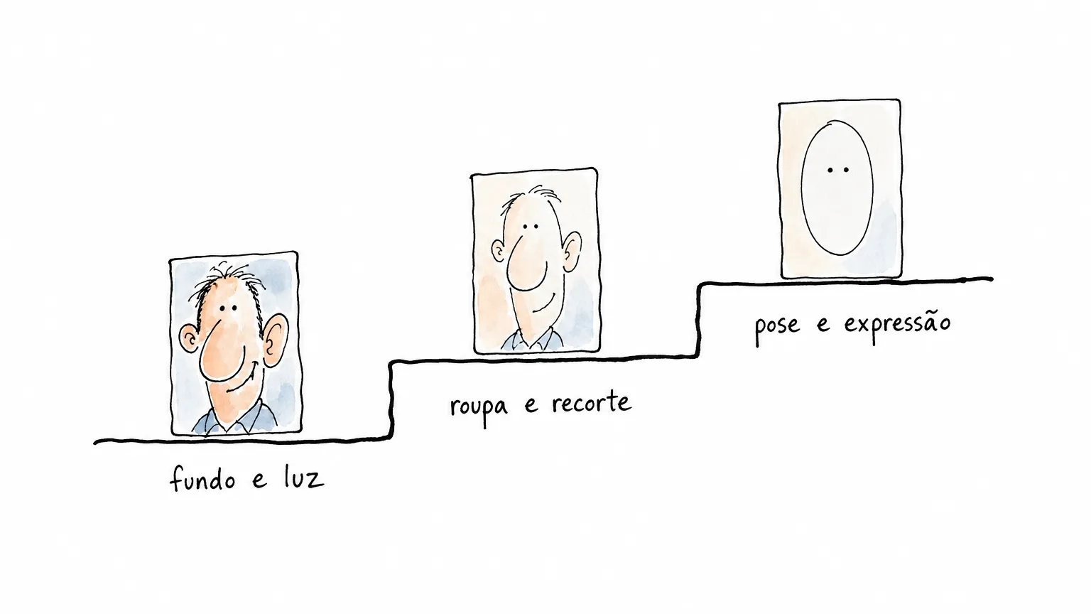 Escada de três degraus com retratos que perdem detalhe ao subir, dos ajustes de fundo e luz até pose e expressão: a escala de risco da edição