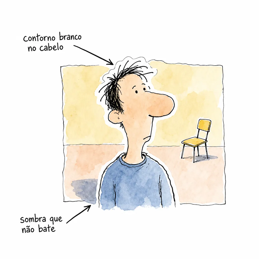 Retrato colado sobre outro fundo, com contorno branco no cabelo e sombra caindo para o lado oposto à da cadeira: os dois defeitos da edição