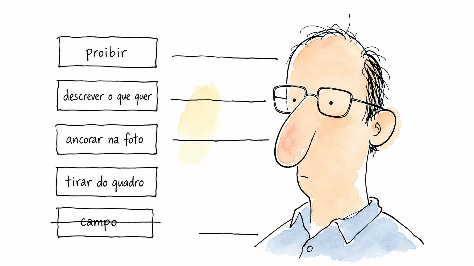 Coluna de etiquetas com proibir, descrever o que quer, ancorar na foto e tirar do quadro, mais campo riscada, apontando para um retrato de óculos.