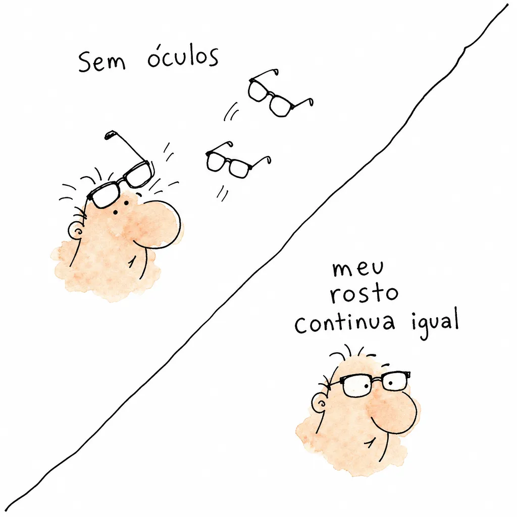 Quadro dividido na diagonal: em sem óculos os óculos caem sobre o rosto; em meu rosto continua igual o mesmo rosto aparece intacto, de óculos.