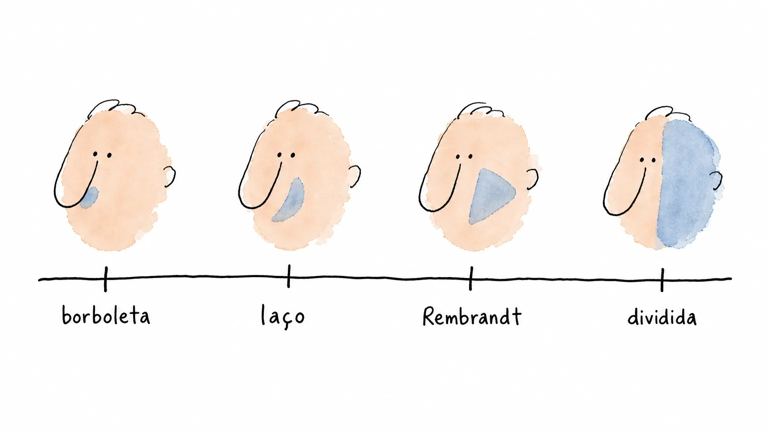 O mesmo rosto quatro vezes sobre uma barra de medição, com a sombra crescendo de "borboleta" a "laço", "Rembrandt" e "dividida", que escurece metade do rosto.
