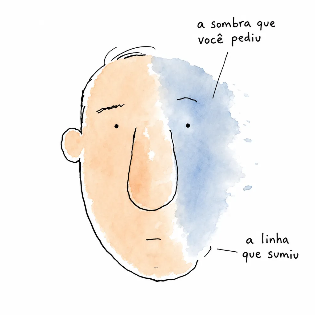 Rosto onde a mancha da sombra varre metade e a linha preta some ali: os rótulos "a sombra que você pediu" e "a linha que sumiu" apontam o apagamento do traço.