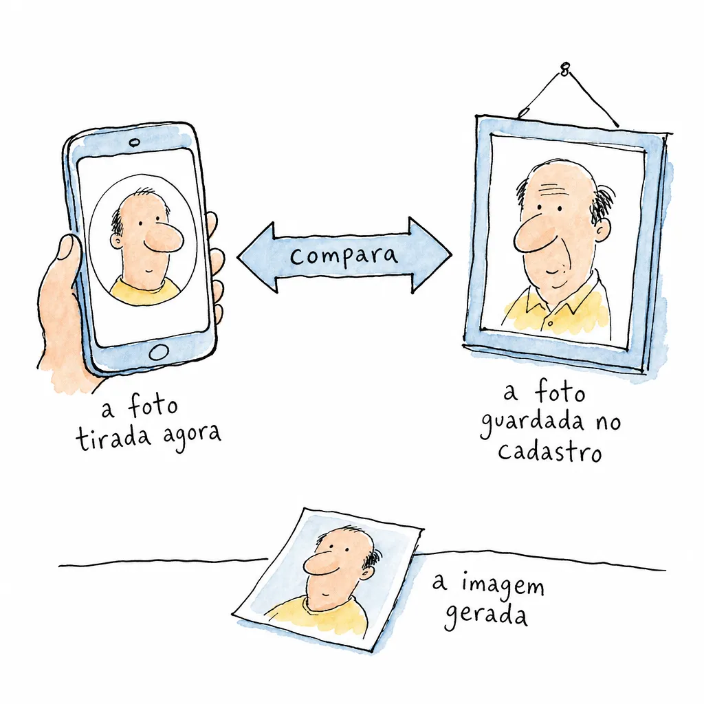 Rosto no círculo do celular e retrato na parede ligados por uma seta escrita compara; no chão, a imagem gerada sem nenhuma seta chegando até ela