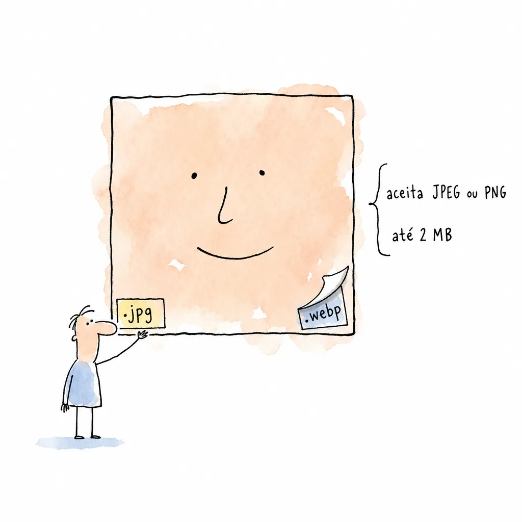 Retrato quadrado com a etiqueta .webp descolando de um canto e a .jpg recém-colada no outro, ao lado das anotações "aceita JPEG ou PNG" e "até 2 MB"