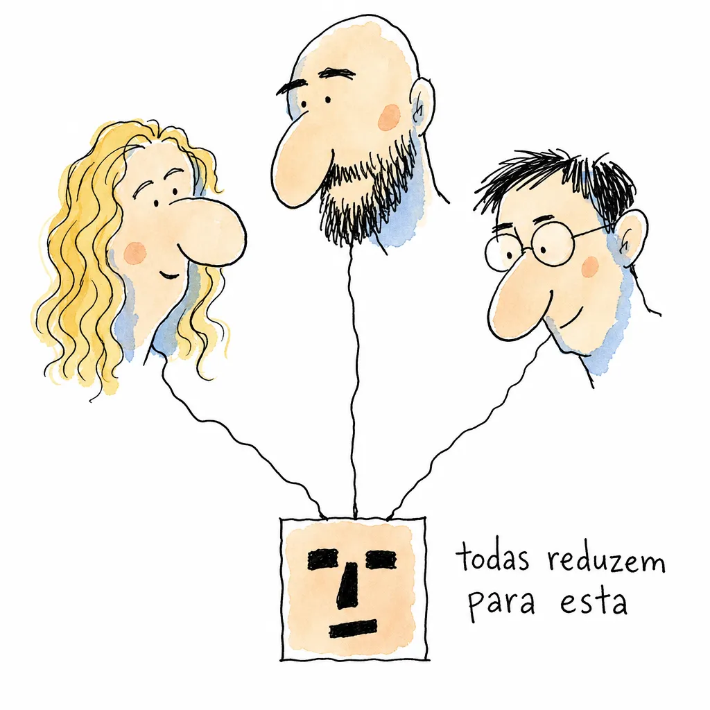 Três rostos claramente diferentes ligados por fios finos a um único cartão pequeno de rosto blocado, sob o rótulo desenhado “todas reduzem para esta”.