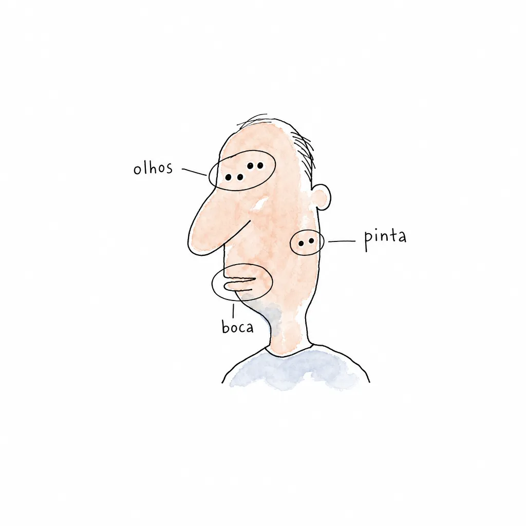 Rosto desenhado à mão com três laços marcando olhos, boca e pinta; só dentro dos laços cada traço aparece duplicado e deslocado.