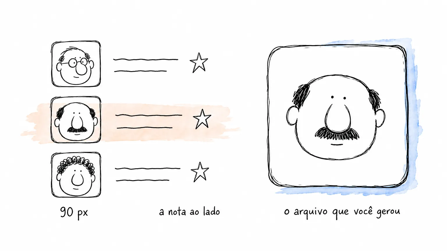 Lista de busca com três avatares rotulados "90 px" e a estrela da nota ao lado; à direita, o mesmo rosto no arquivo bem maior que você gerou.