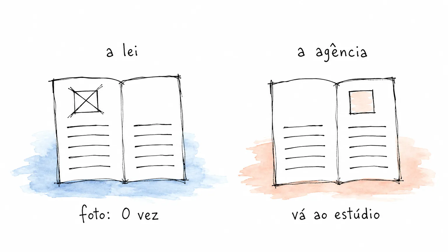 Dois documentos abertos: em "a lei" o quadrado da foto está riscado e "foto: 0 vez"; em "a agência" ele aparece preenchido, com "vá ao estúdio".