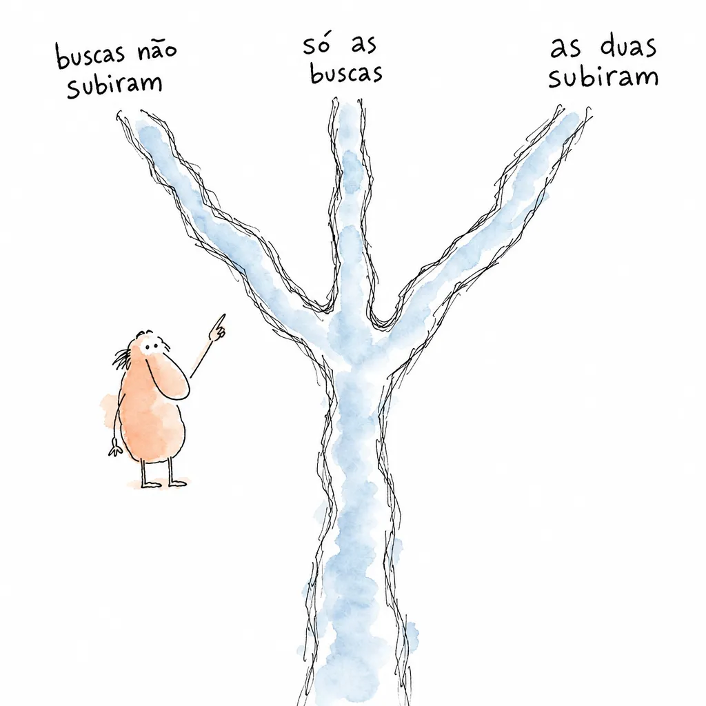 Curso de água que sobe e se divide em três canais rotulados buscas não subiram, só as buscas e as duas subiram, com uma figura apontando para eles.