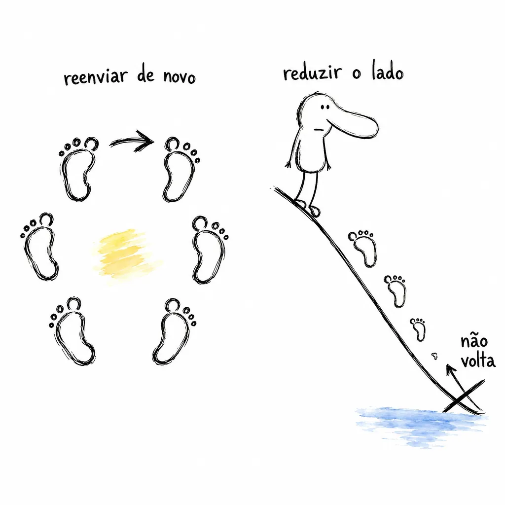 Seis pegadas iguais em círculo sob reenviar de novo e, ao lado, pegadas que encolhem descendo uma ladeira até uma seta de volta riscada: não volta.