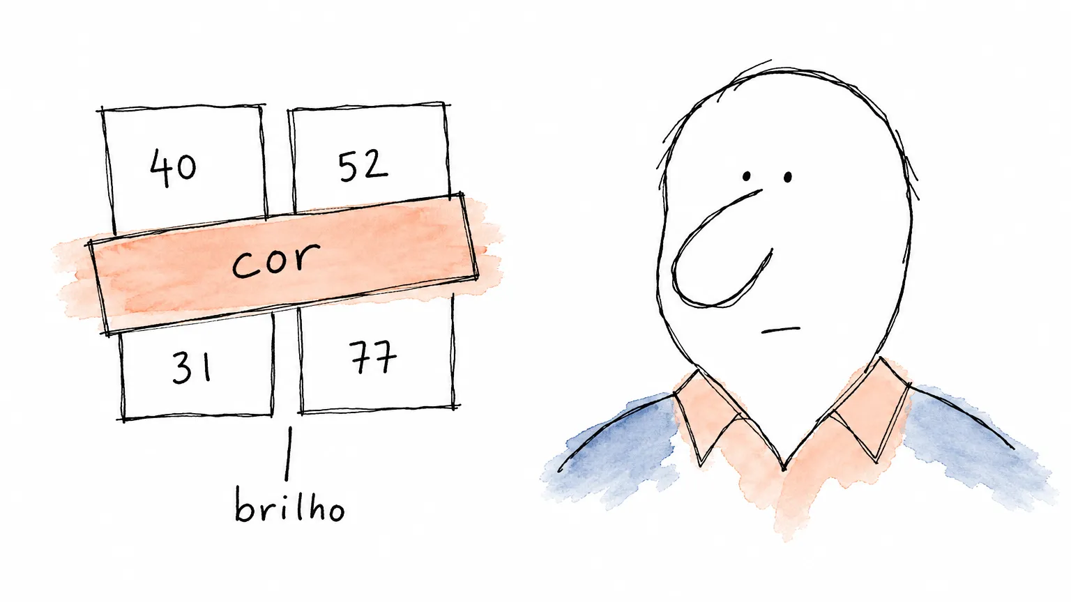 Quatro quadrados brancos guardam cada um o seu número de brilho sob uma única etiqueta de cor; ao lado, a cor da gola vaza para fora do traço.