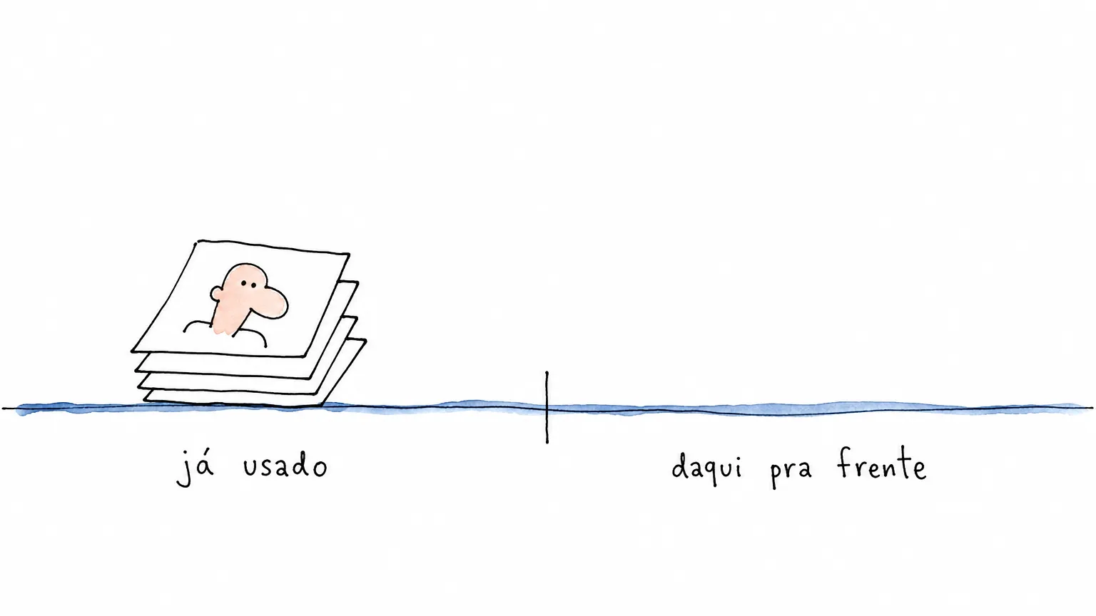 Linha do chão dividida ao meio: à esquerda, pilha de folhas com um retrato na de cima sob já usado; à direita, só o vazio sob daqui pra frente.