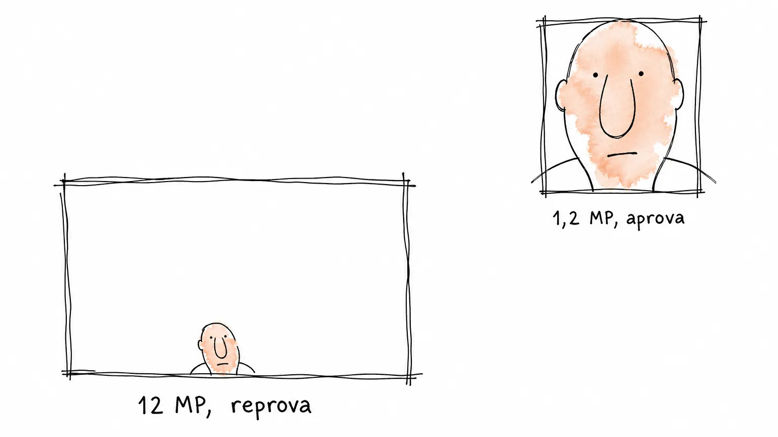 Quadro grande quase vazio com uma cabecinha rente à base, sob 12 MP, reprova; acima, um quadro menor em que o rosto vai do topo ao fundo, sob 1,2 MP, aprova.