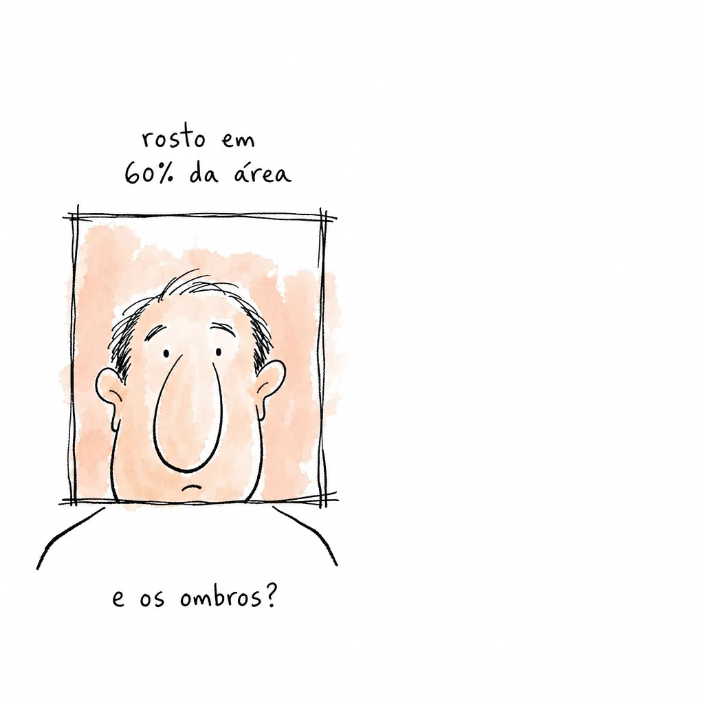 Cabeça de traço solto preenchendo um quadrado sob "rosto em 60% da área", com os ombros desenhados fora dele, cortados pela moldura, sob "e os ombros?".