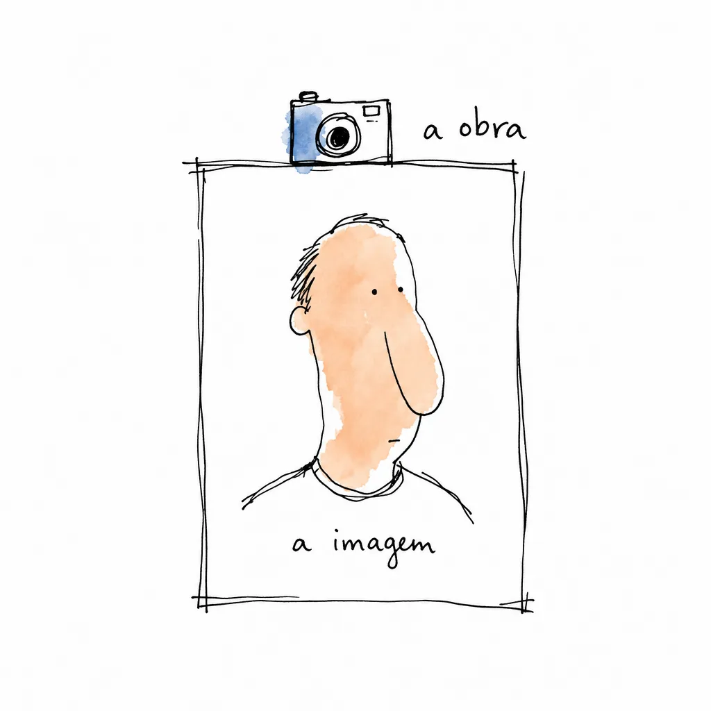 Retrato impresso com uma câmera pousada na borda de cima sob o rótulo a obra e o rosto desenhado dentro do papel sob o rótulo a imagem.