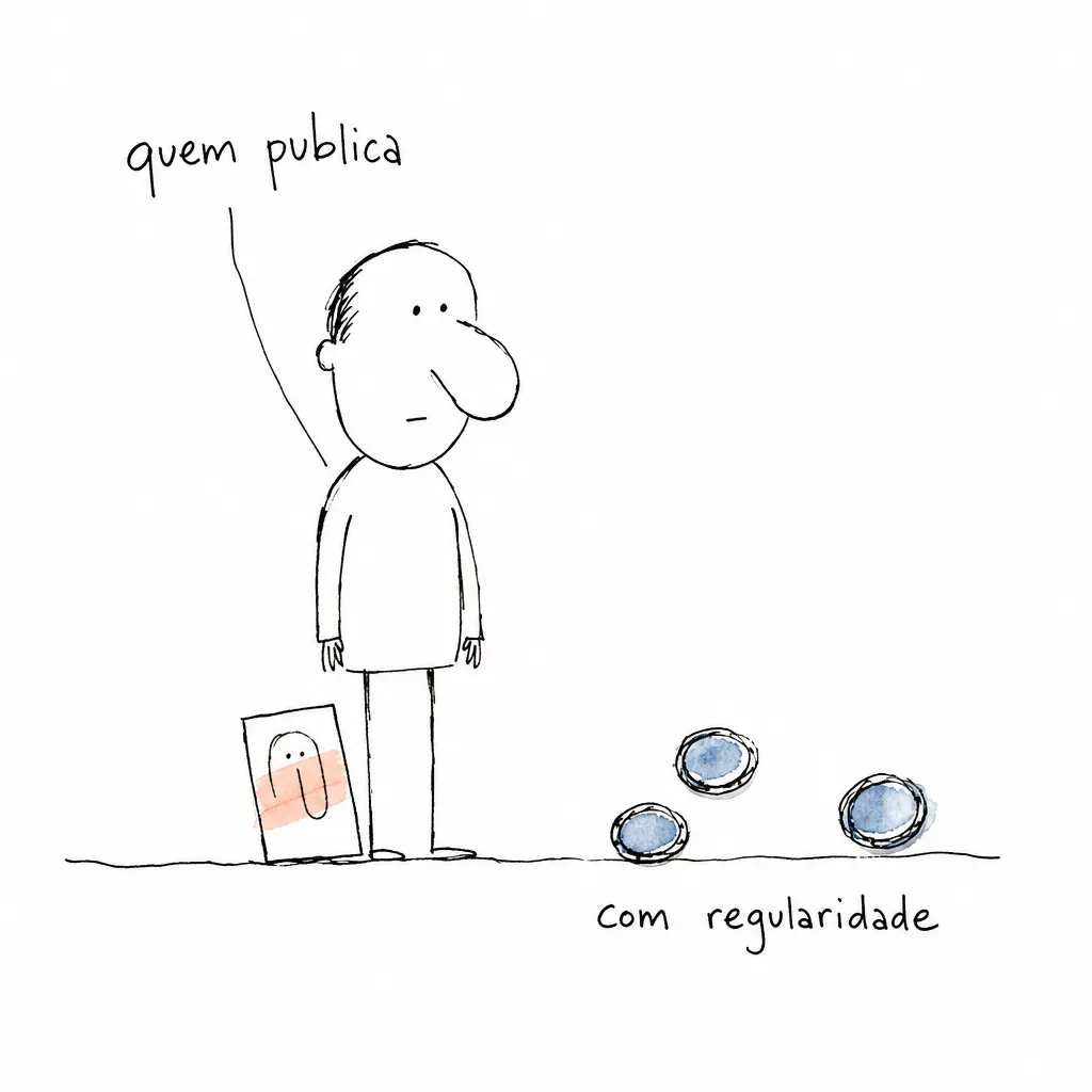Figura de traço solto sob o rótulo quem publica, com o próprio retrato encostado nos pés e três moedas no chão sob o rótulo com regularidade.