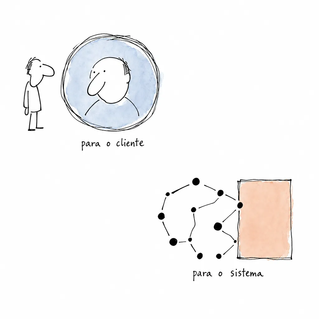 Círculo com o rosto desenhado e uma figura olhando, sob “para o cliente”; abaixo, pontos ligados encostando numa ficha, sob “para o sistema”