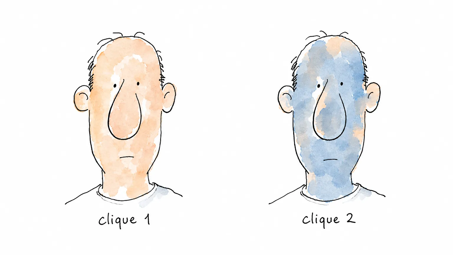 O mesmo rosto duas vezes, sem moldura: em clique 1 a pele sai clara e em clique 2 sai escura e azulada, sem nada ter mudado além do instante.