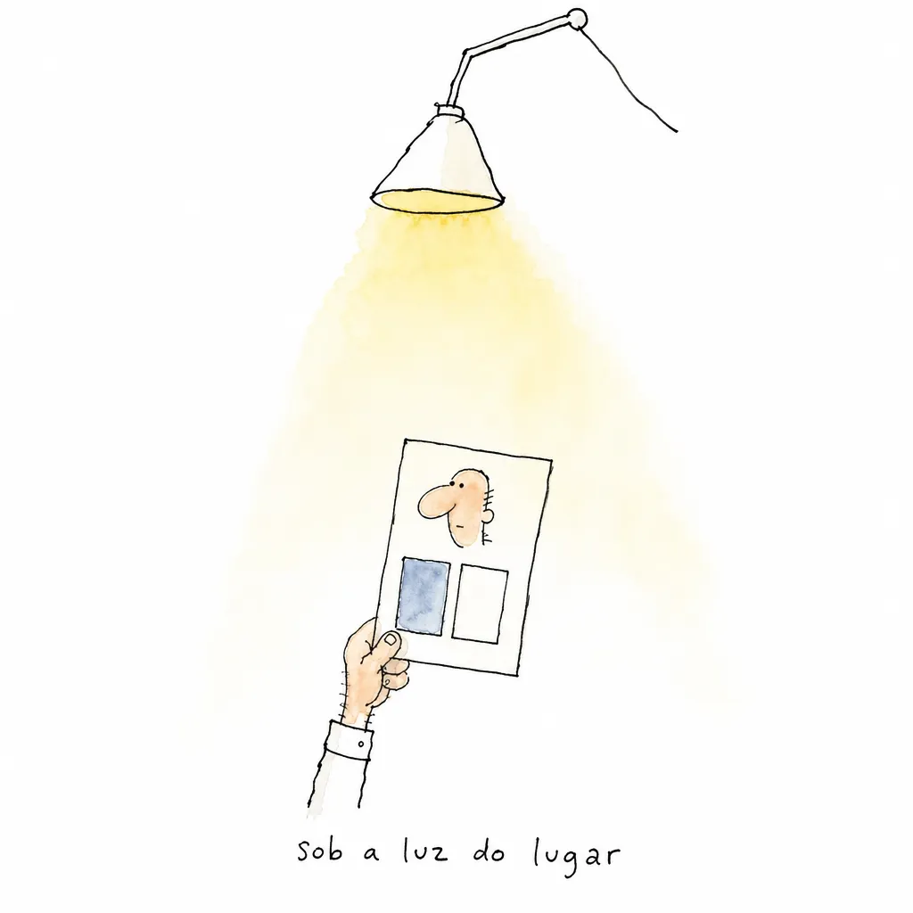 Mão ergue a folha de teste sob a luminária: um rosto, um retângulo escuro do terno e um branco da camisa, sob o rótulo "sob a luz do lugar".