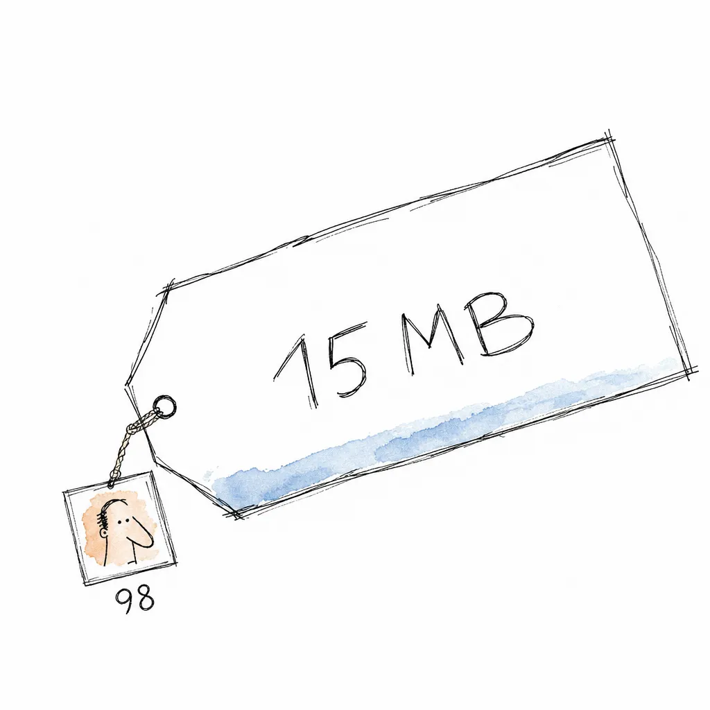 Etiqueta de papel gigante escrita 15 MB pendurada num cartão de foto minúsculo rotulado 98: o teto de peso é enorme e a exibição é mínima.