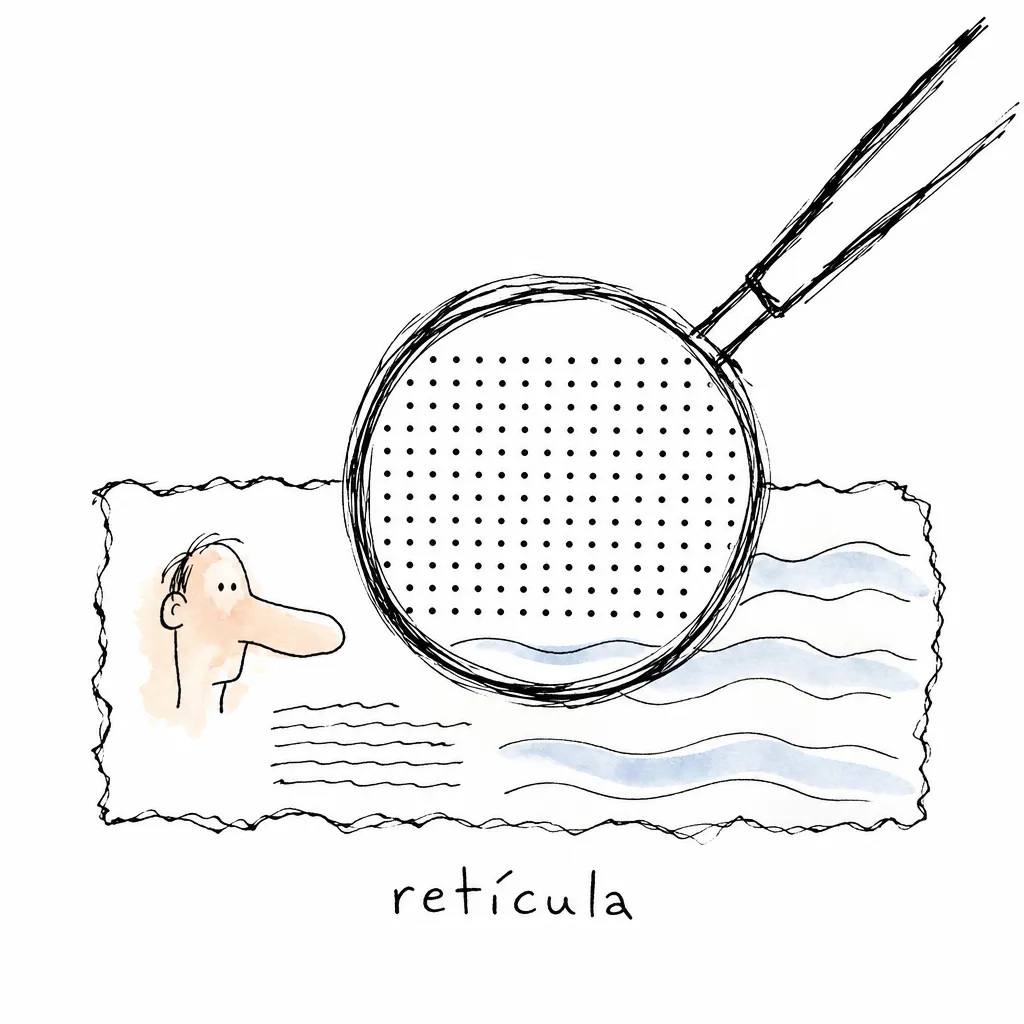 Lupa sobre um recorte de jornal: dentro da lente a grade regular de pontos da retícula; fora dela os pontos viram ondas largas sobre o papel.