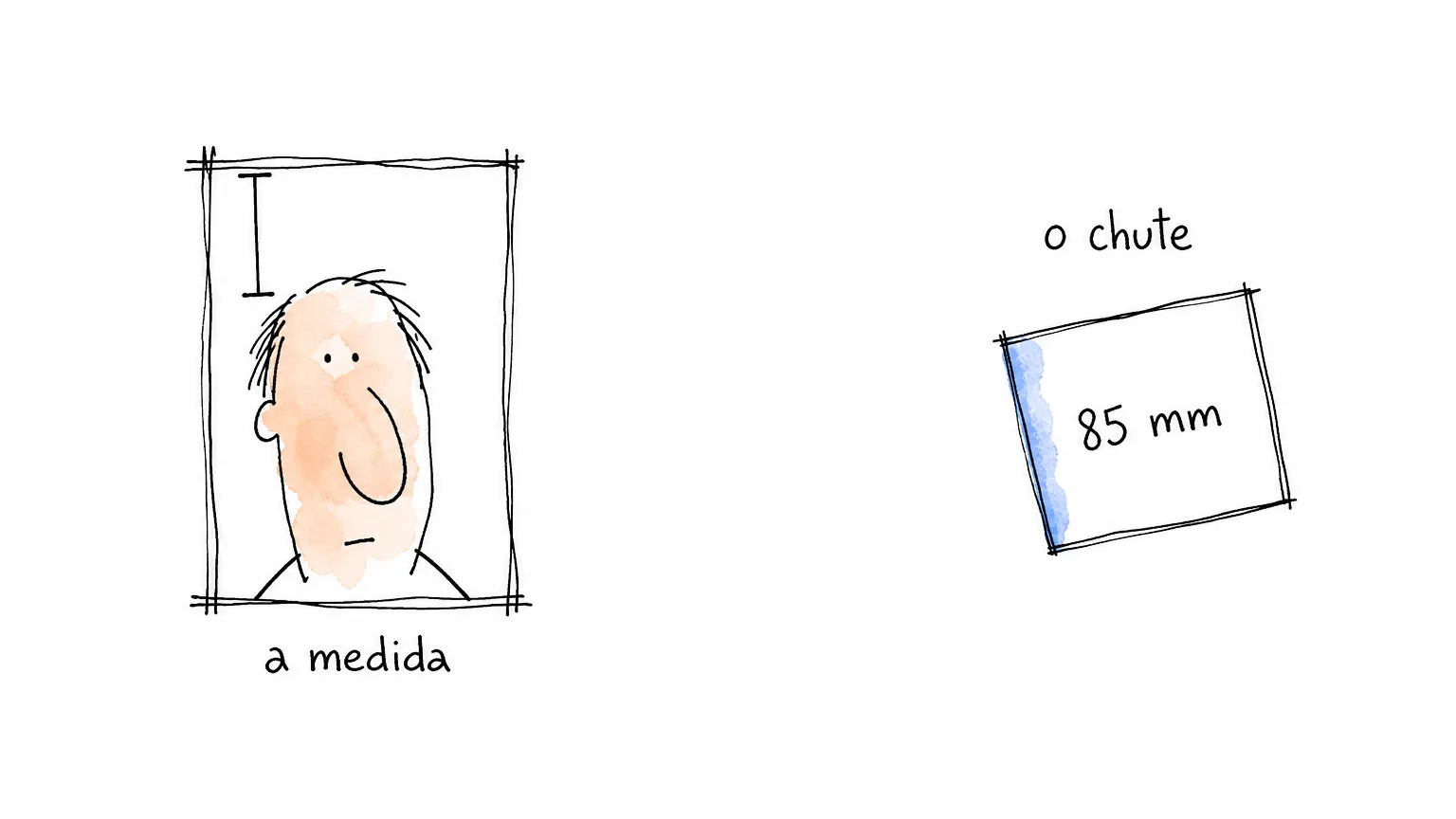Rosto num quadro medido por uma linha do topo até a cabeça, sob o rótulo a medida; longe dele, um cartão solto só com 85 mm, sob o rótulo o chute